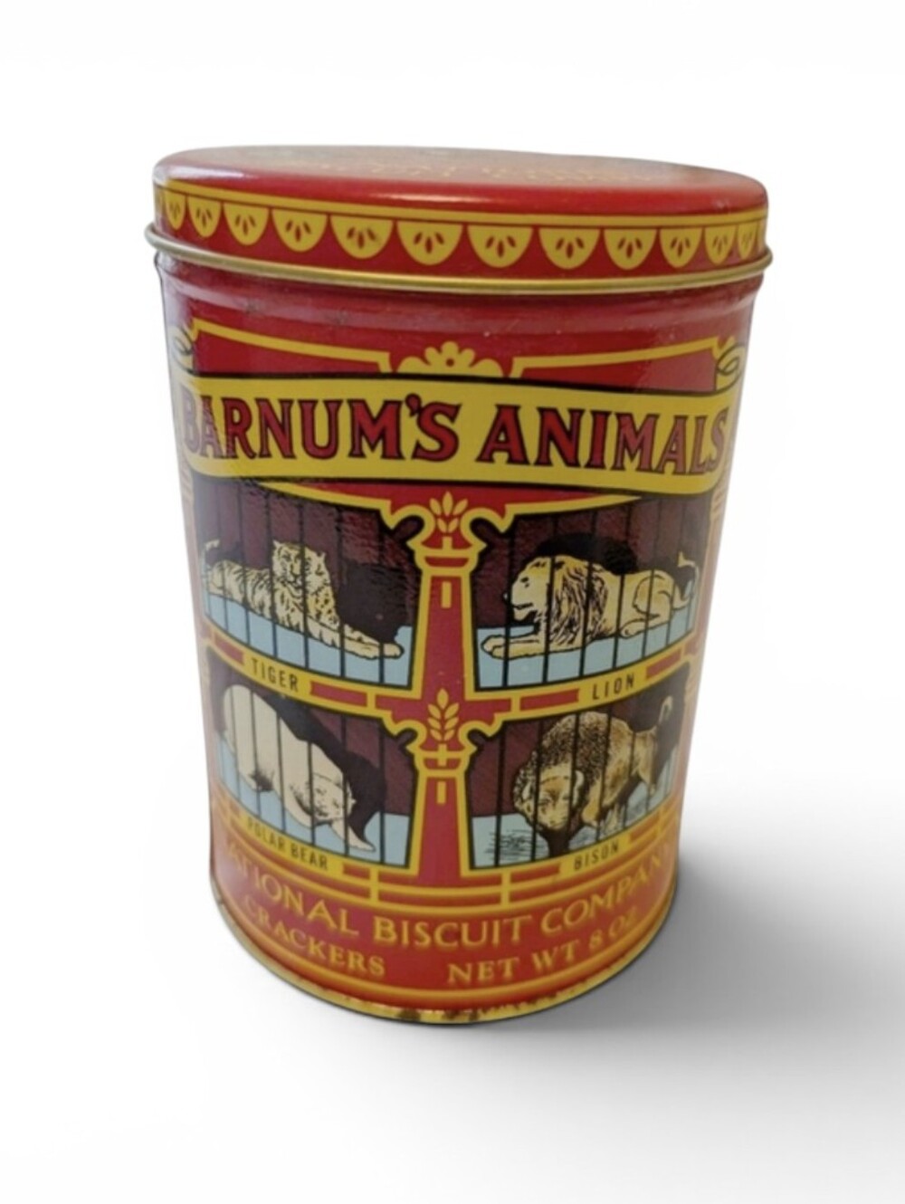 VINTAGE Animal Cracker Red Tin Upright Box Barnums Cookie Biscuit Canister